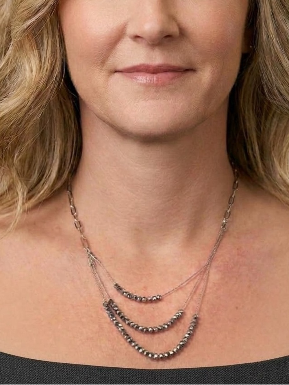 New Marlyn Schiff Mutli-Strand Silver Gunmetal Bead Necklace